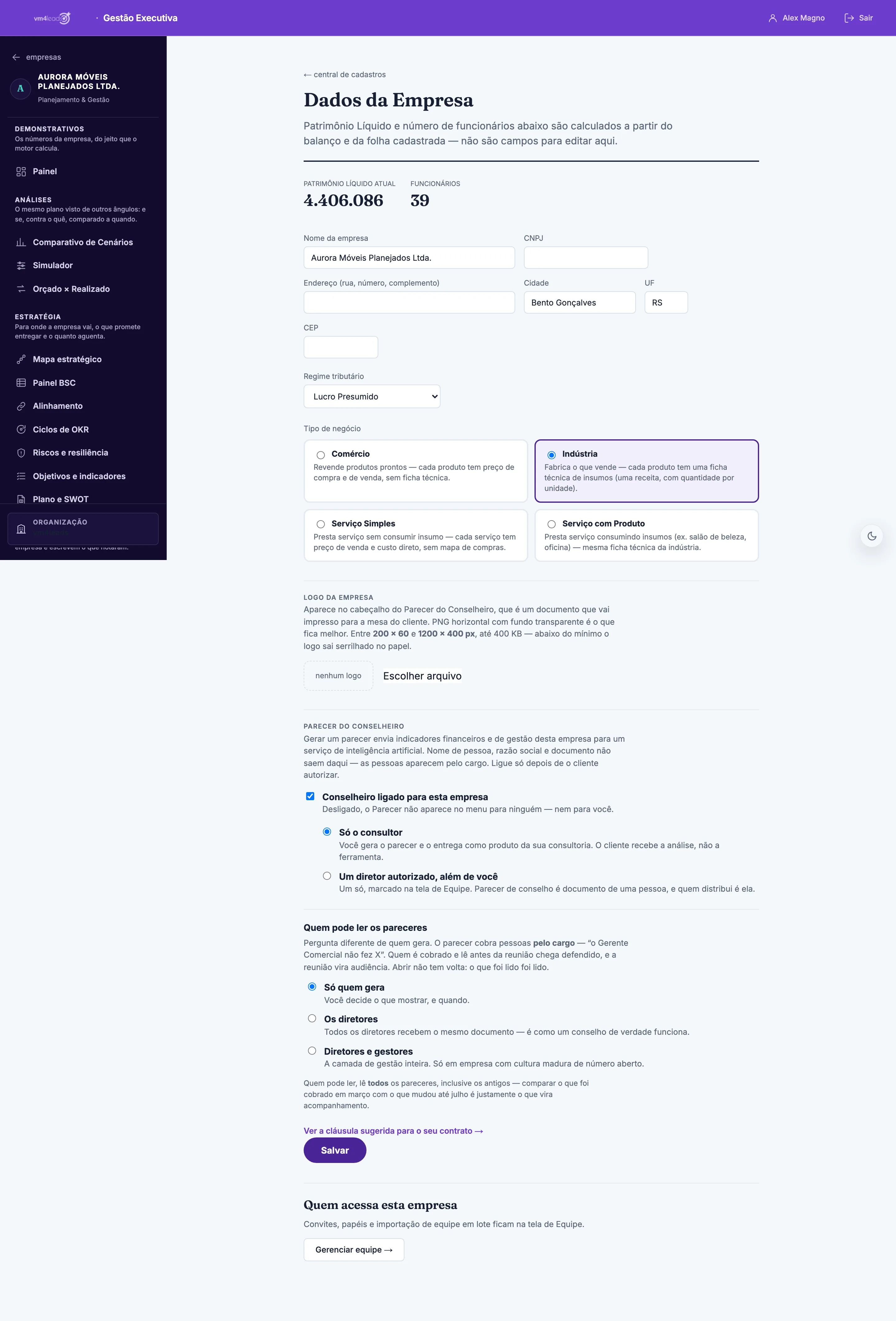 A tela de cadastro da Empresa no VM4 CEO, com a Aurora preenchida